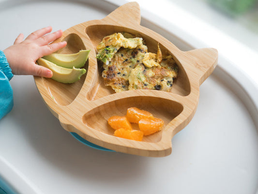 plate with baby meal containing avocado, clementine, and vegetable patty
