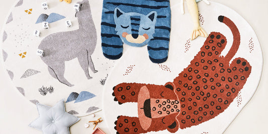 Children's room carpet with colorful animals and toys